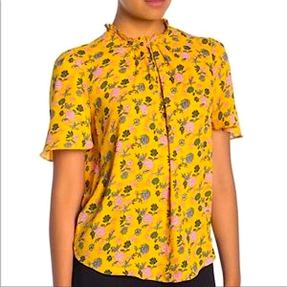 T Tahari Wallflower Floral Ruffle Neck Top